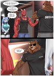 2019 absurd_res anthro bear biceps big_breasts blue_eyes blue_hair breasts clothed clothing comic dragon english_text eyewear felid feline female group hair hi_res male mammal muscular muscular_male mythological_creature mythological_scalie mythology nipple_outline pakwan008 rattios red_body red_scales scales scalie security security_guard shirt sunglasses tail tank_top text text_on_clothing text_on_shirt text_on_topwear topwear