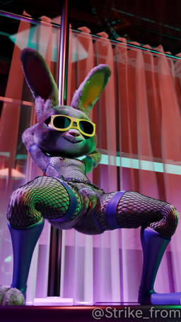 anthro belt clothing eyewear female fishnet_clothing flat_chested genitals glasses mostly_nude nipple_piercing nipples piercing pole presenting presenting_vulva pubes slim solo straps strip_club stripper_pole vulva strikefrommidnight pochemu_(modeler) disney zootopia judy_hopps lagomorph leporid mammal rabbit 3d_(artwork) 9:16 animated digital_media_(artwork) hi_res loop no_sound short_playtime webm