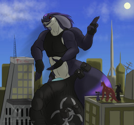 3_eyes 4_arms apode balls big_balls big_bulge bucklethong building bulge butt city condom_in_underwear genitals hood huge_balls huge_bulge hyper hyper_balls hyper_bulge hyper_genitalia legless macro male multi_arm multi_eye multi_limb muscular penis serpentine wide_hips taketzu_(artist) biohazard taketzu draconcopode kaiju naga reptile scalie snake hi_res