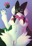 anthro areola big_breasts breasts female genitals green_body looking_at_viewer navel nipples pink_areola pink_nipples pink_pussy purple_eyes pussy solo spread_legs spreading astridmeowstic nintendo pokemon generation_9_pokemon meowscarada pokemon_(species) hi_res