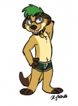 anthro boxer_briefs brown_body brown_fur bulge clothing collar dipstick_tail eyewear fur glasses green_hair hair hand_behind_head hand_on_hip male markings multicolored_tail simple_background solo standing tail tail_markings tongue tongue_out toony underwear white_background xylious marcus_techkat herpestid mammal meerkat 2017