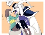 2016 amakagew ambiguous_gender anthro asriel_dreemurr asriel_dreemurr_(god_form) big_tongue blush bodily_fluids border boss_monster_(undertale) bovid bridal_carry caprine carrying_another chara_(undertale) clothed clothing comic duo eye_contact fur horn human human_on_anthro interspecies japanese_text looking_at_another male mammal outside_border size_difference sweat sweatdrop text tongue tongue_out translated undertale undertale_(series) white_body white_fur