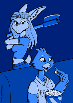 anthro axe duo feather_hands feathers female food furniture holding_axe holding_object imminent_death male popcorn popcorn_bucket short_tail sitting sofa tail dogwash avian bird lagomorph leporid mammal rabbit digital_media_(artwork) monochrome