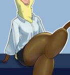 alpaca anthro bottomwear camelid clothing cloven_hooves crossed_legs female hitsuji hooves legwear mammal paprika_paca_(tfh) polo_shirt shirt skirt smile smirk solo stockings them's_fightin'_herds topwear unguligrade