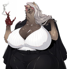 anthro big_breasts blood bodily_fluids breasts cigarette claws ear_piercing ear_ring elderly_female facial_scar female grey_hair hair huge_breasts huge_thighs looking_at_viewer mafia piercing professional_clothes ring_piercing scar solo thick_thighs cosmicdanger zelinda_(homura) gulonine mammal mustelid musteline wolverine hi_res