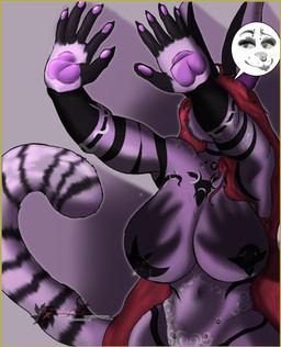 anthro breasts female nudist piercing purple_body purple_eyes solo wife faxinecathereen shadow_hands_challenge avery_fasion dinosaur lagomorph leporid mammal prehistoric_species rabbit reptile saurischian scalie sinosauropteryx theropod absurd_res hi_res