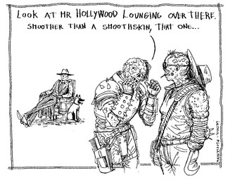 armor boots chair clothed clothing cowboy_boots cowboy_hat dialogue feral footwear furniture gesture group hand_gesture hat headgear headwear hook hook_hand humor male missing_nose necrosis not_furry on_chair pointing pointing_at_another shoes sitting sitting_on_chair sitting_on_ground text wearing_boots wearing_hat leona-florianova fallout microsoft cooper_howard cx404_(fallout) canid canine canis domestic_dog german_shepherd ghoul_(fallout) herding_dog humanoid mammal pastoral_dog artist_name black_and_white comic english_description english_text monochrome sketch