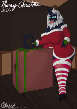 3_toes balls big_breasts big_butt blue_body blue_eyes blush bodily_fluids breasts butt clothing dress feet genitals gift grey_hair gynomorph hair hanging_tongue holiday_dressed holidays holly_(plant) horn inside intersex legwear looking_at_viewer palmorph plant red_clothing red_dress saliva saliva_on_tongue simple_background solo stockings tail toes wide_hips vvitchpunk christmas palworld pocketpair vitch_valera felbat humanoid absurd_res hi_res