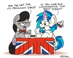 black_eyes black_hair blue_hair bow_(feature) bow_tie container cup duo eating female food hair horn sandwich_(food) tablecloth teapot text union_jack union_jack_clothing bobthedalek friendship_is_magic hasbro my_little_pony mythology octavia_(mlp) vinyl_scratch_(mlp) earth_pony equid equine horse mammal mythological_creature mythological_equine pony unicorn english_text hi_res