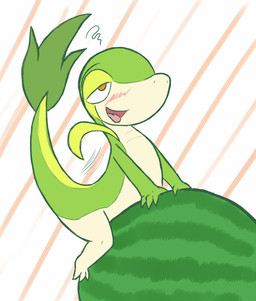 ambiguous_gender blush dry_humping feral food fruit melon nude on_food open_mouth pattern_background plant red_eyes simple_background solo striped_background tail tongue watermelon unknown_artist nintendo pokemon generation_5_pokemon pokemon_(species) reptile scalie snivy
