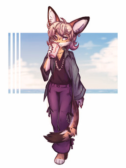 anthro beverage big_ears clothing coffee coffee_cup container cup curls female female_anthro shirt smile solo summer topwear lonerdemiurge felid feline mammal serval absurd_res hi_res