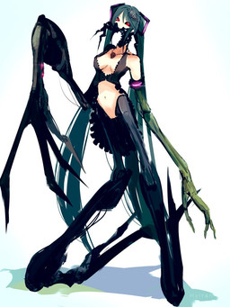 blue_hair breasts clothing crop_top crop_top_only female female_humanoid genitals hair horror_(theme) looking_at_viewer machine nightmare_fuel red_eyes robotic_arm robotic_leg scary shirt simple_background small_waist solo topwear twintails_(hairstyle) vulva white_background hylran vocaloid yamaha_corporation calne_ca hatsune_miku arthropod crustacean humanoid isopod malacostracan monster monstrous_humanoid robot robot_humanoid 3:4