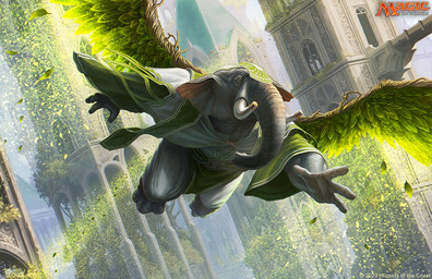 4_fingers anthro building clothing day dutch_angle fingers flying grey_body leaf leaf_wings magic male outside proboscis_(anatomy) ravnica solo spread_wings tower trunk_(anatomy) tusks unusual_anatomy unusual_wings white_clothing wings brian_valeza hasbro magic:_the_gathering wizards_of_the_coast elephant elephantid mammal proboscidean official_art
