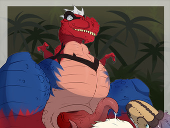 black_markings blue_body bodily_fluids duo feral frill_(anatomy) frottage genital_fluids genitals looking_down male male/male markings palm_tree penile penis penises_touching plant precum red_body sex sharp_teeth smile tapering_penis teeth tree mcfan marvel spider-rex dinosaur prehistoric_species reptile saurischian scalie theropod tyrannosaurid tyrannosauroid tyrannosaurus tyrannosaurus_rex hi_res