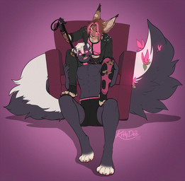 anthro big_tail biped breasts claws clothed clothed_anthro clothed_female clothed_male clothing countershade_torso countershading duo feet female fingers front_view fur hair hypnosis male mind_control navel simple_background sitting smile tail teeth toes tongue kittydee zaide_(ashkelling) felid feline lynx mammal mephitid skunk 2026 digital_drawing_(artwork) digital_media_(artwork) hi_res