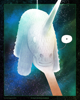 ambiguous_gender border holding_chin horn pinata smile sparkles speech_bubble string white_eyes sharkinthepark mythology equid equine mammal mythological_creature mythological_equine unicorn 2025 4:5 absurd_res comic hi_res