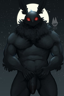 antennae_(anatomy) black_body casual_nudity flaccid full_moon genitals male moon muscular muscular_male night nude outside penis red_eyes solo standing teratophallia mothman arthropod insect lepidopteran moth absurd_res digital_drawing_(artwork) digital_media_(artwork) hi_res