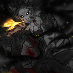abs arm_spikes bared_teeth black_sclera blood bodily_fluids duo front_view hair horn humanoid_pointy_ears long_hair male male_human male_humanoid messy_hair muscular muscular_humanoid muscular_male nude pecs pointy_ears ridged_horn short_hair shoulder_spikes smoke spikes spikes_(anatomy) teeth wounded yellow_eyes demireality human humanoid mammal 1:1 hi_res partially_colored