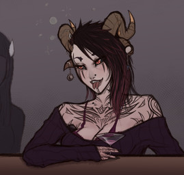 4_horns alcohol alternative_fashion beverage black_hair black_sclera blush bodily_fluids bra breasts cleavage clothed clothing cocktail_glass container cup curved_horn drinking_glass drunk duo eyebrow_piercing facial_piercing female forked_tongue furgonomic_piercing furgonomics glass glass_container glass_cup goth hair horn horn_piercing multi_horn nose_piercing not_furry piercing punk pupils purple_clothing purple_shirt purple_topwear red_eyes saliva shirt slit_pupils solo_focus substance_intoxication surface_piercing sweater tattoo tongue tongue_out topwear undercut underwear snowyfeline demon humanoid hi_res