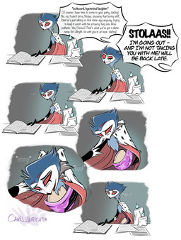 animal_noises anthro beak bird_noises book candle cape chest_tuft chirping clothing dialogue egg ellipsis feathers harness male mouth_closed offscreen_character paper red_eyes smile solo sound_effects speech_bubble text tuft atimon hellaverse helluva_boss stolas_(helluva_boss) avian demon 2025 comic english_text hi_res signature