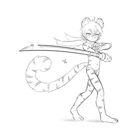 5_fingers anthro bulge claws clothed clothing eyebrow_through_hair eyebrows finger_claws fingers hair male melee_weapon navel pawpads pose scarf simple_background skimpy solo standing sword thong toe_claws translucent translucent_hair underwear weapon white_background young young_anthro young_male luminous_wish felid mammal pantherine tiger 1:1 2026 digital_media_(artwork) full-length_portrait hi_res monochrome portrait sketch