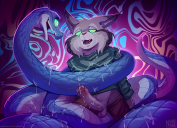 anthro anthro_on_feral balls bestiality biped black_body black_ear_tips black_fur blue_body blue_scales bodily_fluids bottomwear brown_bottomwear brown_clothing brown_pants clothed clothed_anthro clothed_male clothing coiling coiling_another cum cum_drip cum_on_clothing cum_on_face cum_on_own_face cum_on_own_penis cum_on_penis cum_on_self dipstick_ears dripping duo ear_markings ear_tuft erection fangs feral foreskin fur genital_fluids genitals glans green_clothing green_sweater green_topwear grey_balls grey_body grey_fur grey_inner_ear_fluff grey_penis half-closed_eyes humanoid_genitalia humanoid_penis hypnosis inner_ear_fluff male male/male male_anthro male_feral male_on_feral mind_control multicolored_body multicolored_ears multicolored_fur multicolored_penis narrowed_eyes open_mouth pants partially_retracted_foreskin penis pink_glans pink_nose pink_penis restrained ringed_eyes scales serpentine sweater teeth text tongue tongue_out tongue_showing topwear tuft two_tone_penis whiskers white_whiskers nurinaki disney zootopia gary_de'snake pawbert_lynxley canada_lynx felid feline lynx mammal pit_viper reptile scalie snake viper 2026 artist_name digital_media_(artwork) digital_painting_(artwork) painting_(artwork) url