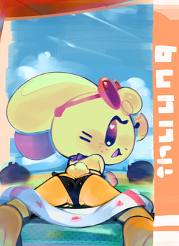 anthro beach beach_towel bikini bikini_bottom biped black_bikini black_clothing black_swimwear blue_sky butt camel_toe chibi clothed clothed_anthro clothed_female clothing cloud day detailed_background empty_eyes eyewear eyewear_on_head feet female female_anthro freckles glistening glistening_eyes head_tuft head_turned heart_symbol looking_at_viewer looking_back looking_back_at_viewer lying on_front open_mouth open_smile orange_body outside rear_view short_tail simple_eyes sky smile smiling_at_viewer solo spread_legs spreading stylized_empty_eyes sunglasses sunglasses_on_head swimwear tail tongue towel tuft two-piece_swimsuit whiskers young young_anthro young_female ligma_(artist) vanilla_(pulp) lagomorph leporid mammal rabbit 2025 digital_media_(artwork) full-length_portrait hi_res portrait shaded soft_shading