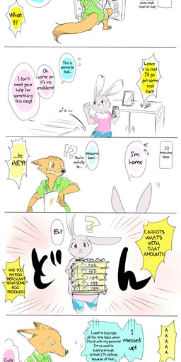 anthro appliance bodily_fluids bottomwear clothed clothing crouching dialogue duo egg fridge fully_clothed fur grey_body grey_fur holding_object interrobang kitchen_appliance orange_body orange_fur shirt shorts simple_background speech_bubble sweat sweatdrop t-shirt text thought_bubble topwear white_background third-party_edit disney zootopia judy_hopps nick_wilde canid canine fox lagomorph leporid mammal rabbit red_fox true_fox comic english_text hard_translated hi_res translated