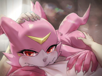 5_fingers ambiguous_gender anthro blush butt butt_grab claws detailed_background duo female finger_claws fingernails fingers first_person_view hand_on_butt hand_on_head horn human_pov lying nails nude on_front pink_arms pink_body pink_fingers pink_hands pink_tail tail teeth white_body rusho bandai_namco digimon eve_(rusho) fan_character digimon_(species) human mammal veemon