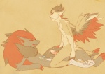 anthro big_feet bodily_fluids cum duo erection eyes_closed feathered_wings feathers feet frottage genital_fluids genitals hair interspecies male male/male nude orgasm penile penis sex simple_background wings semi-colon nintendo pokemon avian canid canine generation_5_pokemon mammal pokemon_(species) unknown_species zoroark 2012