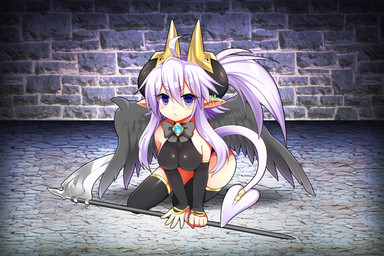 black_wings blue_eyes blush breasts clothing ear_piercing ear_ring feathered_wings feathers female horn humanoid_pointy_ears looking_at_viewer melee_weapon not_furry piercing pointy_ears polearm ring_piercing scythe solo tail weapon white_tail wings mofuaki humanoid winged_humanoid 2015 3:2