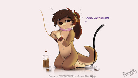 alcohol anthro arms_tied bdsm beverage bondage bound brown_body brown_fur bubble casual_nudity collar container cuffs_(clothing) cup drinking_glass drunk drunk_bubble ear_piercing ear_ring female fur glass glass_container glass_cup hair looking_at_viewer piercing ring_piercing rope shot_glass simple_background solo submissive substance_intoxication text whip furvie nora_(furvie) mammal mustelid otter 2021 absurd_res digital_media_(artwork) english_text hi_res widescreen