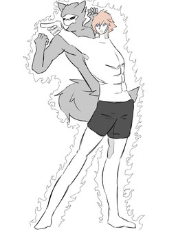 5_fingers abs anthro black_body black_bottomwear black_clothing black_fur black_sclera black_shorts blue_eyes bottomwear brown_hair burning clothed clothing duo fighting_pose fingers fist floating fur gesture hair hand_gesture jojo_pose male male_anthro muscular muscular_human muscular_male pointing pose shorts simple_background topless topless_human topless_male white_background white_body whip_collar changed_(video_game) jojo's_bizarre_adventure stardust_crusaders lin_(changed) puro_(changed) canid canine canis goo_creature human mammal stand_(jjba) wolf 3:4 digital_media_(artwork)
