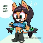 anthro boots braces clothed clothing eyewear female footwear genitals glasses nerd partially_clothed pigtails pussy shirt shoes smile solo speech_bubble standing tail text topwear young young_female ichduhernz poni_(ichduhernz) domestic_cat felid feline felis mammal 2025 hi_res spanish_text translated