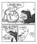 2014 absurd_res black_and_white cave chestopher coin comic dialogue dragon duo english_text feral floccinaucinihilipilification gold_(metal) hi_res horn male monochrome mythological_creature mythological_scalie mythology open_mouth scalie speech_bubble squadrick text treasure_hoard
