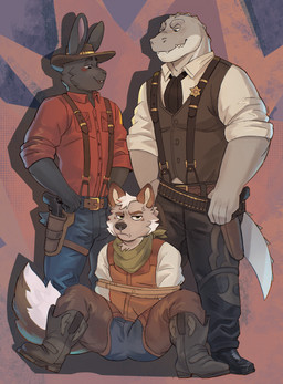 accessory ammo_belt ammunition annoyed anthro arms_tied arms_tied_behind_back aroused aroused_by_another aroused_face aroused_male aroused_smile arrested bandolier barazoku belt belt_grab biceps big_muscles big_pecs black_body black_boots black_bottomwear black_clothing black_footwear black_fur black_necktie black_pants blue_bottomwear blue_clothing blue_jeans blue_pants blush boots bottomwear bound brown_belt brown_body brown_boots brown_chaps brown_clothing brown_footwear brown_fur brown_hat brown_headwear brown_suspenders brown_topwear brown_vest captured chaps clothing cowboy cowboy_boots cowboy_hat cowboy_outfit criminal crotch_in_face denim denim_bottomwear denim_clothing deputy dominant dominant_anthro dominant_male domination/submission duo face_in_crotch flirting flirting_look footwear frown frowning_at_viewer fugitive fur green_clothing green_kerchief grey_body grey_fur grey_scales grin grinning_at_another grinning_at_partner gun gun_holster gun_on_thigh hand_on_belt handgun hat headgear headwear holding_belt holding_object intimidation jeans kerchief larger_anthro larger_male lasso looking_at_viewer looming looming_over male male/male manly muscular muscular_anthro muscular_arms muscular_male muscular_thighs necktie old_west outlaw pants pecs pistol pistol_holster prisoner ranged_weapon red_clothing red_shirt red_topwear restrained restrained_arms rolled_up scales shadow sheriff sheriff_badge shirt shoes sitting sitting_on_ground size_difference smaller_anthro smaller_male smile smirk smirking_at_another smirking_at_partner smirking_dom spread_legs spreading standing subdued submissive submissive_anthro submissive_male suspenders tail thick_arms thick_thighs topwear tough_guy vest weapon weapon_holster weapon_on_hip white_body white_clothing white_fur white_scales white_shirt white_topwear wild_west gol1ath alligator alligatorid canid canine canis coyote crocodilian lagomorph leporid mammal rabbit reptile scalie hi_res