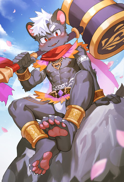 abs anklet anthro athletic athletic_anthro athletic_male blush blush_lines bottomwear claws clothing facial_scar feet fur grey_body grey_fur grey_hair hair hammer jewelry kemono loincloth low-angle_view male necklace nipples pawpads paws red_eyes scar solo toe_claws tools wristband tarobandit crave_saga ambiguous_species mammal absurd_res hi_res
