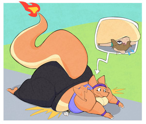 3_fingers 4_fingers accessory anthro barefoot belly big_butt blush bodily_fluids bottomwear breasts brown_hair butt cleavage clock clothed clothing countershade_tail countershade_torso countershading cutaway duo eyelashes falling feet female fingers fire flying_sweatdrops grass hair headband horn huge_butt lying male membrane_(anatomy) membranous_wings midriff obese on_back on_front orange_body orange_scales outside overweight overweight_anthro overweight_female pants plant scales shirt short_sleeves sky smothering sweat sweatdrop tail thick_tail thick_thighs topwear watch wavy_mouth wide_hips wings wristband wristwatch yoga_pants aimbot-jones nintendo pokemon valentina_(aimbot-jones) charizard generation_1_pokemon generation_2_pokemon pokemon_(species) smeargle 2021 absurd_res full-length_portrait hi_res portrait