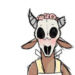 anthro blush bone broken_horn brown_body brown_fur clothed clothing dress female floral flower flower_crown fur grey_horn horn orange_eyes plant polka_dot_clothing polka_dot_dress simple_background skull skull_head solo sparkles yellow_clothing yellow_dress manitka manitka_storm bovid bovine cattle mammal 1:1 2019 digital_media_(artwork) low_res