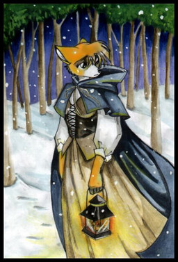 anthro biped cloak clothed clothing detailed_background dress female female_anthro forest fully_clothed fur hair half-closed_eyes holding_lantern holding_object lamp lantern multicolored_body multicolored_fur narrowed_eyes nature orange_body orange_fur orange_hair outside plant short_hair snout snow snowing solo standing tree white_body white_fur wood worried tracy_j._butler canid canine fox mammal traditional_media_(artwork)