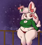 accidental_holly alcremie anthro bedroom_eyes big_breasts big_ears breasts christmas cleavage cleavage_cutout clothed clothing curvy_figure cutout eeveelution female food food_creature fruit generation_6_pokemon generation_8_pokemon glaze_(sneavile) half-closed_eyes hi_res holidays holly_(plant) hybrid keyhole_clothing leaning leaning_backward looking_at_viewer narrowed_eyes navel nintendo outside panties pantsless pink_body plant pokemon pokemon_(species) pseudo_hair red_eyes ribbons seductive short_stack slightly_chubby slightly_chubby_anthro slightly_chubby_female smile sneavile snow solo strawberry sweater sylveon thick_thighs tight_clothing tight_topwear topwear underwear voluptuous wide_hips winter