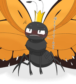2_antennae 3_fingers 4_legs ambiguous_gender angry antennae_(anatomy) arthropod_abdomen bald black_antennae black_body black_eyes blush bodily_fluids cross-popping_vein crown crying eyespots fingers frown headgear markings monotone_body multicolored_wings orange_wings quadruped ruff semi-anthro simple_background solo spread_wings standing sweat tears teeth text white_background wings omnivore_(artist) disney hoppers_(disney) pixar titus_(hoppers) arthropod butterfly insect lepidopteran monarch_butterfly taur 2026 digital_media_(artwork) hi_res japanese_description japanese_text translated translated_description