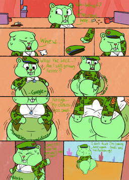 anthro army_uniform belly big_belly big_butt big_cheeks bodily_fluids breath buckteeth butt cash_register chair clothing color_coded_text counter dialogue dog_tags food fries fur furniture green_body green_fur heart_nose heart_symbol male male_anthro mitten_hands moobs obese overweight rumbling_stomach scut_tail shirt short_ears short_tail spilled_drink spilled_food sweat tail teeth text thick_thighs topwear nikko-kai-cutie happy_tree_friends flippy_(htf) bear mammal 2020 comic english_text hi_res