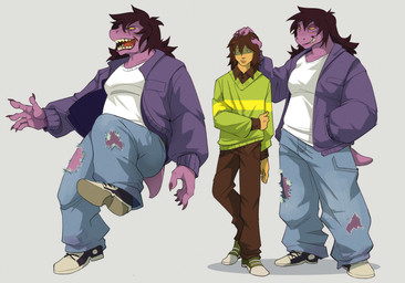 5_fingers anthro blue_bottomwear blue_clothing blue_jeans blue_pants boots bottomwear brown_bottomwear brown_clothing brown_hair brown_pants brown_shirt brown_topwear claws clothing denim denim_bottomwear denim_clothing duo empty_eyes fantasy female female_anthro finger_claws fingers footwear freckled_face freckled_legs freckled_thighs freckles green_clothing green_sweater green_topwear grin hair hand_on_head jacket jeans larger_female male male_human no_irises pants purple_body purple_clothing purple_jacket purple_skin purple_topwear red_eyes sharp_teeth shirt shoes short_tail simple_background size_difference smaller_male smile sweater t-shirt tail tan_body teeth topwear torn_bottomwear torn_clothing torn_jeans torn_pants unsigned white_background white_clothing white_shirt white_t-shirt white_topwear gala_bobs deltarune undertale_(series) kris_dreemurr susie_(deltarune) human mammal scalie 2026 cel_shading digital_media_(artwork) hi_res paint_tool_sai_(artwork) russian_description shaded translated_description