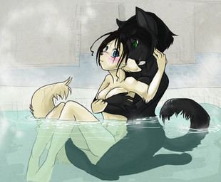 anthro bath bathhouse bathing black_body black_fur black_hair blue_eyes blush breasts duo female female/female fur green_eyes hair hand_on_breast hug inside kneeling navel nipples partially_submerged short_hair sitting smile wet wet_body wet_fur white_body white_fur karoish natasha_nesmith bombay_cat domestic_cat felid feline felis mammal 2011