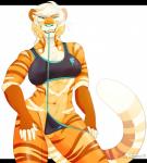 abs anthro bra camel_toe clothing clothing_pull female hair looking_at_viewer mouth_hold muscular muscular_anthro muscular_female nipple_outline panties panty_pull smile smirk solo underwear underwear_pull white_hair coffaefox felid mammal pantherine tiger hi_res