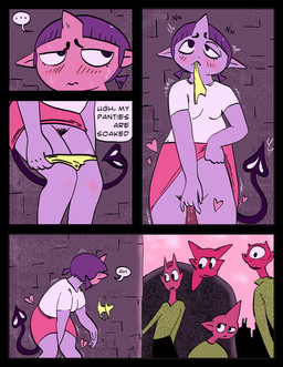 ambiguous_gender blush bodily_fluids bottomwear breasts clothed clothing clothing_lift dialogue female genitals group hair horn living_tail long_ears masturbation not_furry panties panties_down partially_clothed pubes public_masturbation purple_body purple_hair red_body shirt skirt skirt_lift spade_tail speech_bubble sweat tail text topwear underwear underwear_down unusual_anatomy unusual_tail vulva d-monomicon margot_and_tail_(d-monomicon) cyclops demon humanoid comic english_text hi_res