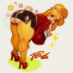 bent_over big_breasts black_bottomwear black_clothing black_skirt bottomwear breasts clothed clothing female footwear glistening glistening_clothing high_heels huge_breasts looking_at_viewer miniskirt platform_footwear red_clothing red_shirt red_topwear shirt shoes skirt smile standing thick_thighs tongue tongue_out topwear undersized_bottomwear undersized_clothing robaato animal_crossing nintendo isabelle_(animal_crossing) canid canine canis domestic_dog mammal shih_tzu toy_dog 1:1