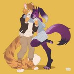 5_fingers anthro breasts clothed clothing duo female fingers fur green_eyes male purple_body purple_fur smile charmrage kristal_carol canid canine canis demon felid feline mammal wolf 2019 digital_media_(artwork) hi_res