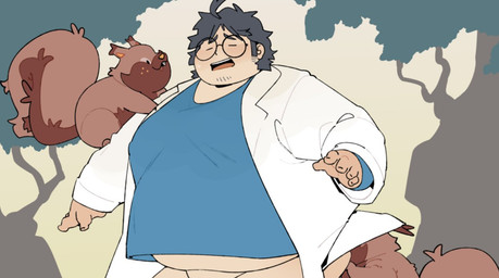 anthro belly big_belly blush brown_body clothing eyes_closed eyewear feral glasses group interspecies male obese outside overweight overweight_male plant pokemon_professor pokephilia shirt standing topwear tree quanjiang nintendo pokemon professor_neroli generation_8_pokemon greedent human mammal pokemon_(species) 2026
